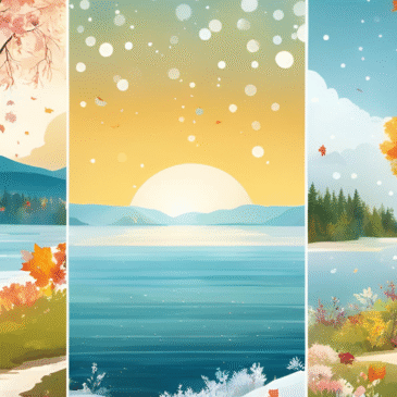 Three-panel artwork depicting serene lake scenes across different seasons with blooming trees and a sunset.